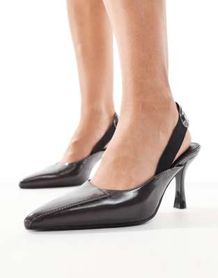 Public Desire Public Desire Malia pointed mid heels with elastic sling back in brown distressed PU