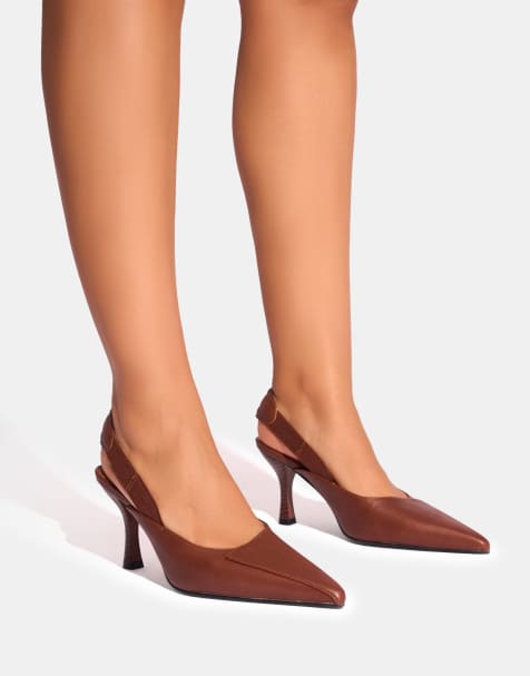 Public Desire Malia vintage fold over detail cushioned slingback court heels in vintage brown - view 1