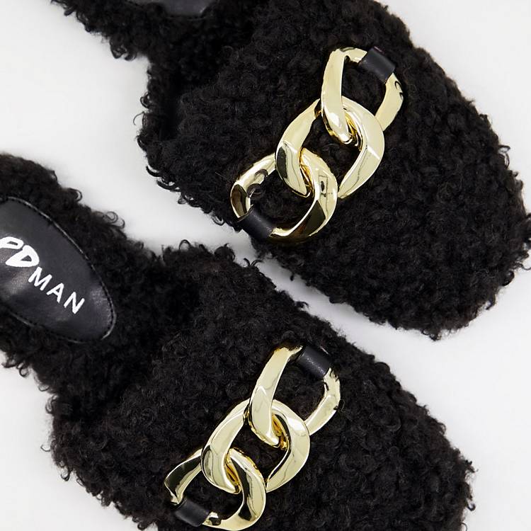 Public Desire Man ranger curly faux fur slippers in black | ASOS