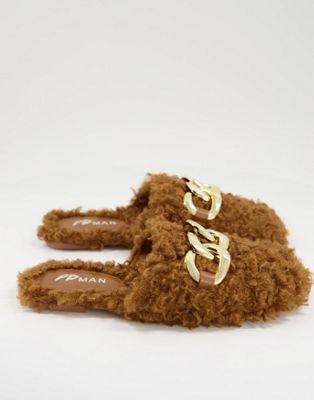 Public Desire Man ranger curly faux fur slippers in tan
