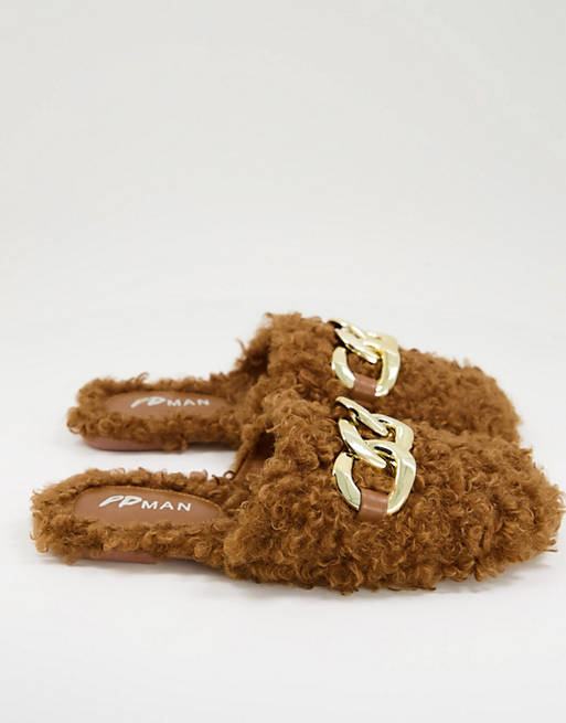 Men Public Desire Man ranger curly faux fur slippers in tan 