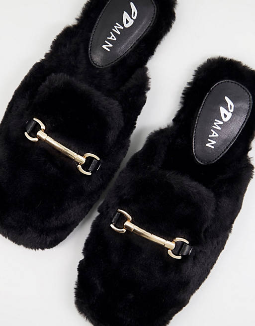 Men Public Desire Man Rococo faux fur bar slippers in black 
