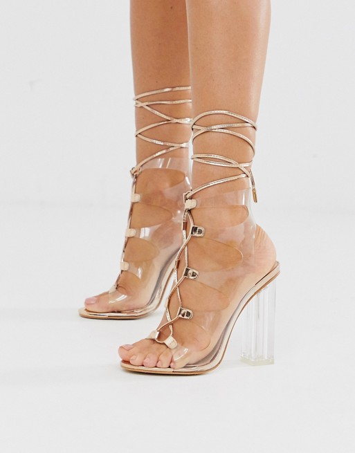 Public Desire Mango clear lace up block heeled sandals in rose gold
