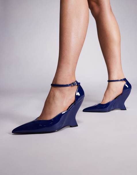 Public Desire Mannequin wedge heeled pointed toe shoes in navy patent - view 1
