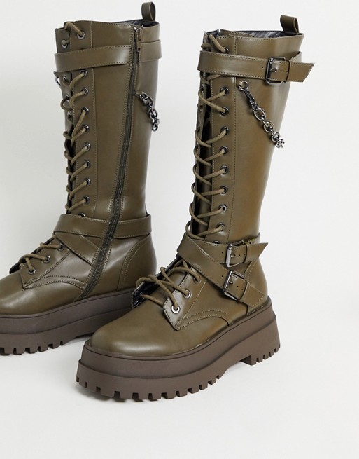 Public Desire Mari chunky knee boots with chain in khaki