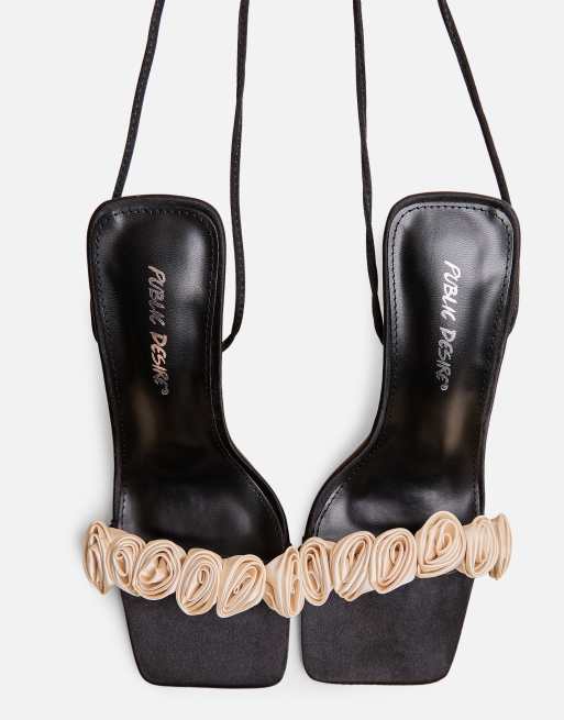 Public Desire Marisatin rose detail lace up heels in black, 2 of 4