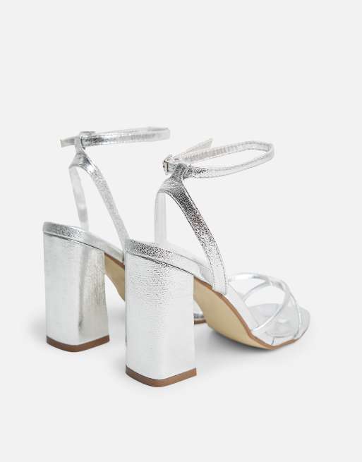 Public Desire Matilda pu strappy block high heels in silver, 2 of 4