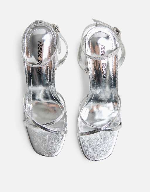 Public Desire Matilda pu strappy block high heels in silver, 3 of 4