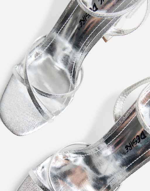 Public Desire Matilda pu strappy block high heels in silver, 4 of 4