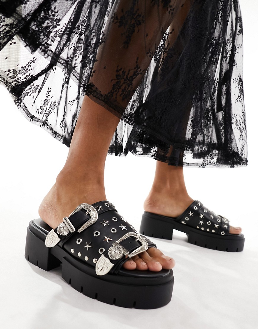 Public Desire Maverick chunky heeled sandal with western hardware in black