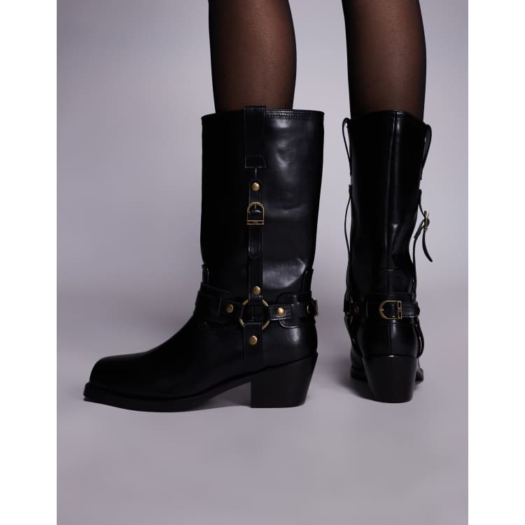 Public Desire Maya low ankle boots with harness detailing in black