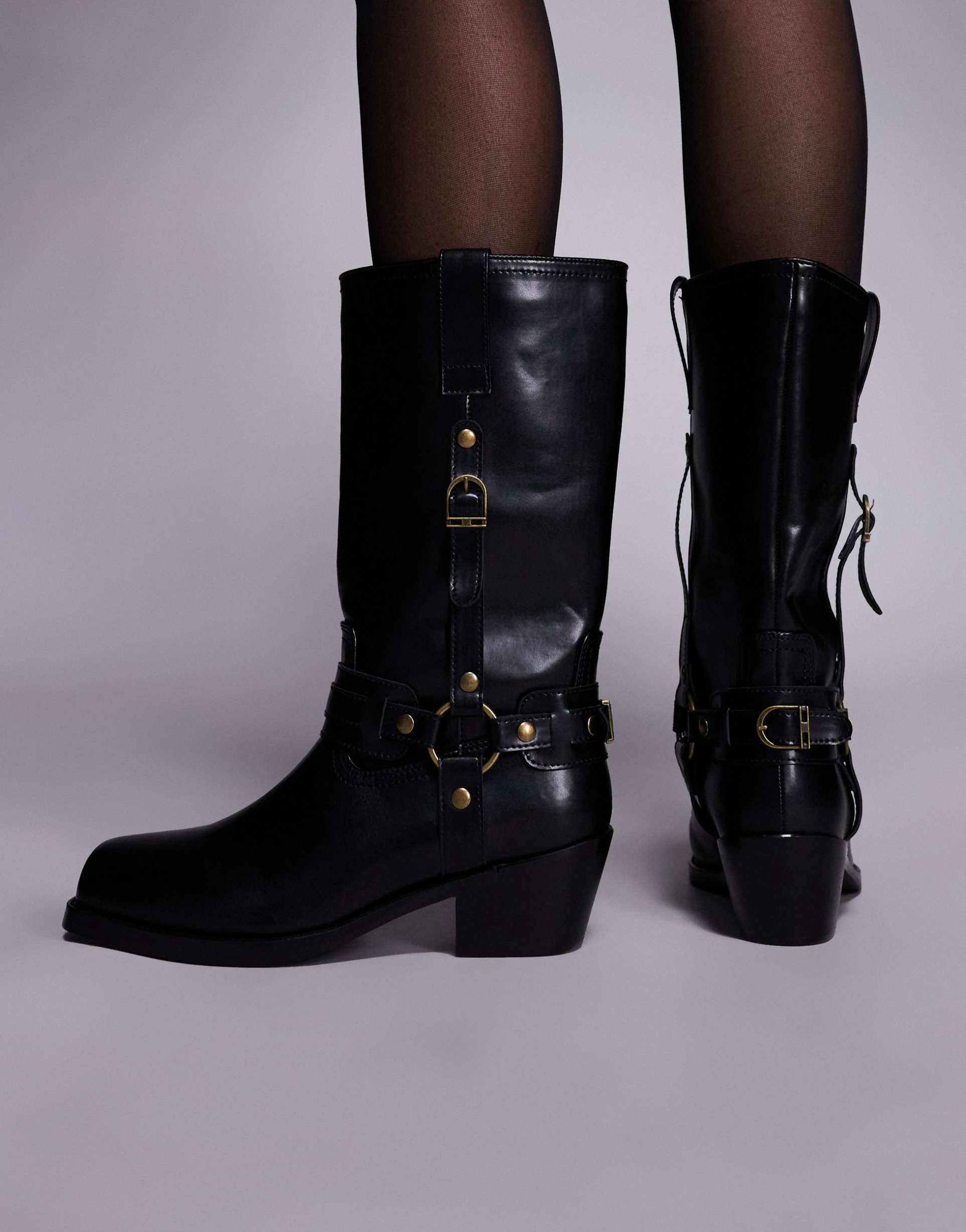 public desire maya low ankle boots with harness detailing in black