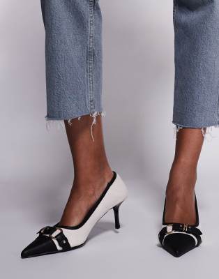  Mera buckle detail kitten heel court shoes in cream