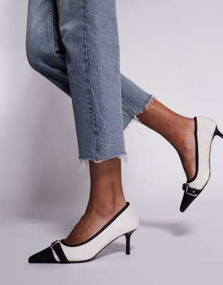 Public Desire Mera Buckle Detail Kitten Heel Pumps In White
