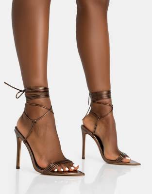 asos Public Desire Merlot lace up wrap around pointed toe stiletto heels in metallic choc