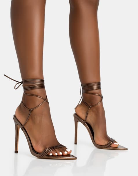 Public Desire Merlot lace up wrap around pointed toe stiletto heels in metallic choc - view 1