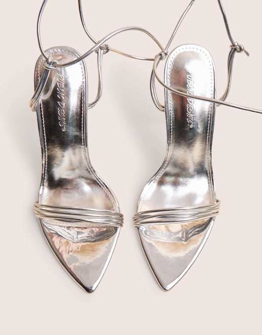 Public Desire Merlot mirror pu lace up wrap around pointed toe stiletto heels in mirror silver, 2 of 4