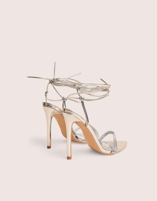 Public Desire Merlot mirror pu lace up wrap around pointed toe stiletto heels in mirror silver, 3 of 4