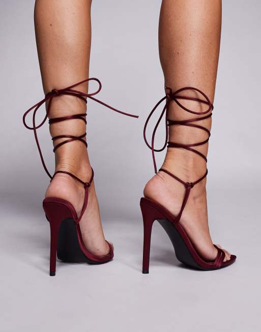 Public Desire Merlot tie leg heeled sandals in burgundy, 3 of 4