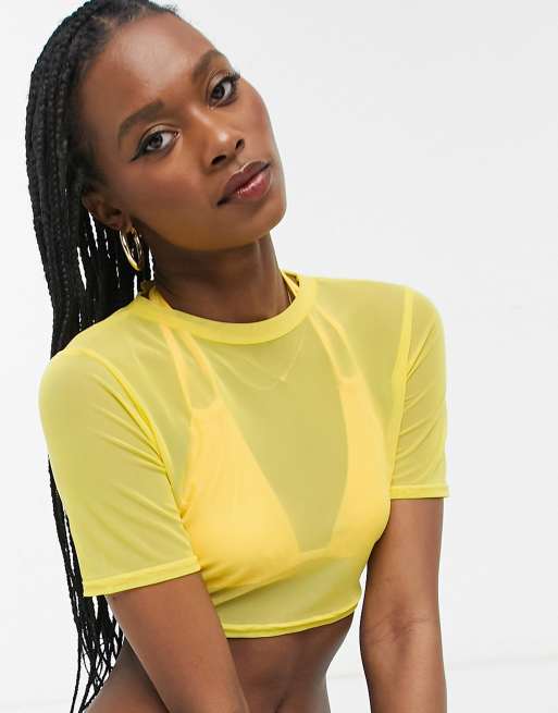 Yellow mesh long store sleeve top