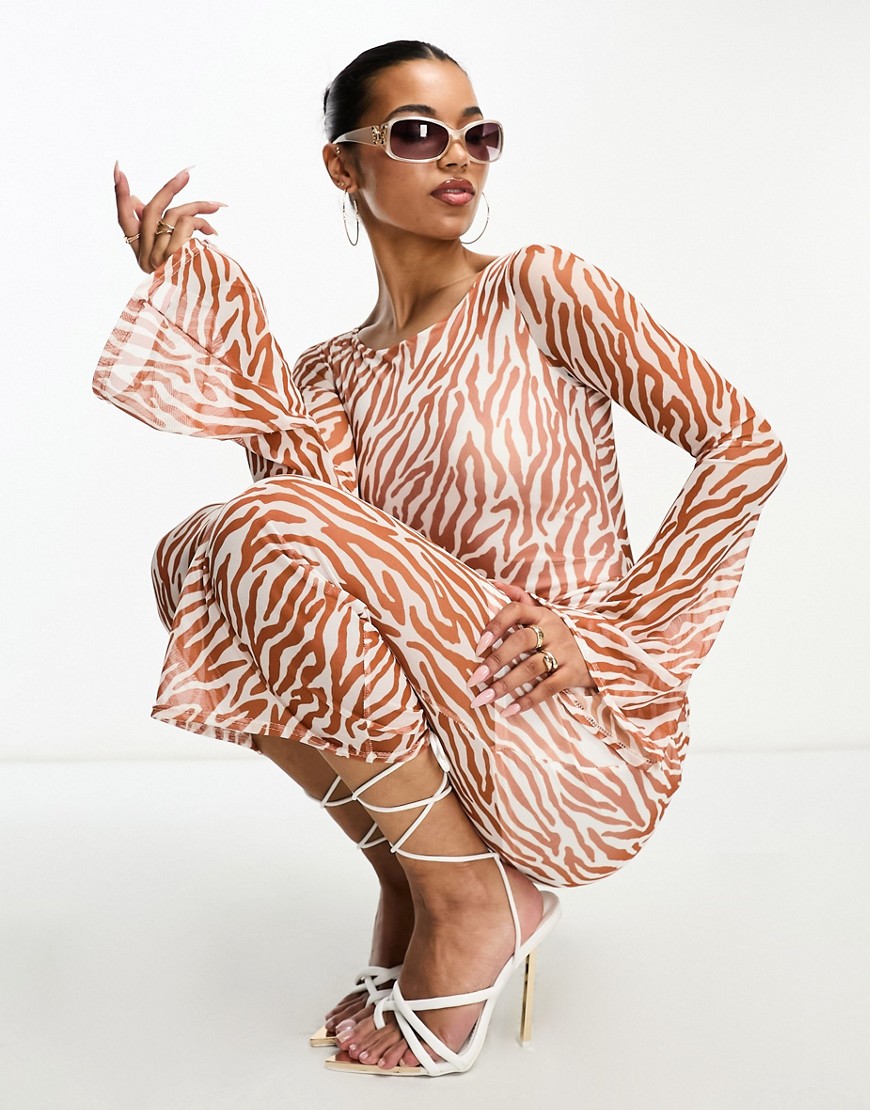 Public Desire mesh flared sleeve bodycon midi dress in brown zebra print-Multi
