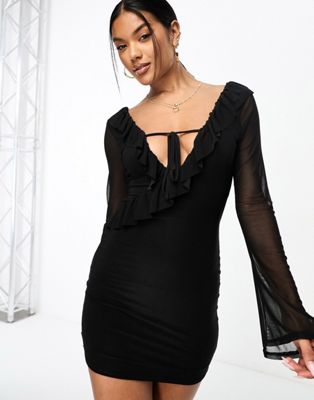 mesh tie front mini dress in black