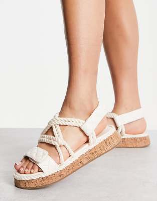 Thumbnail - Public Desire - Miami - Gesteppte Sandalen in Creme mit Kordeldetails und flacher Plateausohle-Weiß