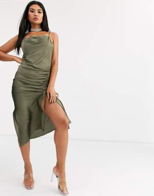 Public Desire midi cami dress with cowl neck and ruching in satin-Green