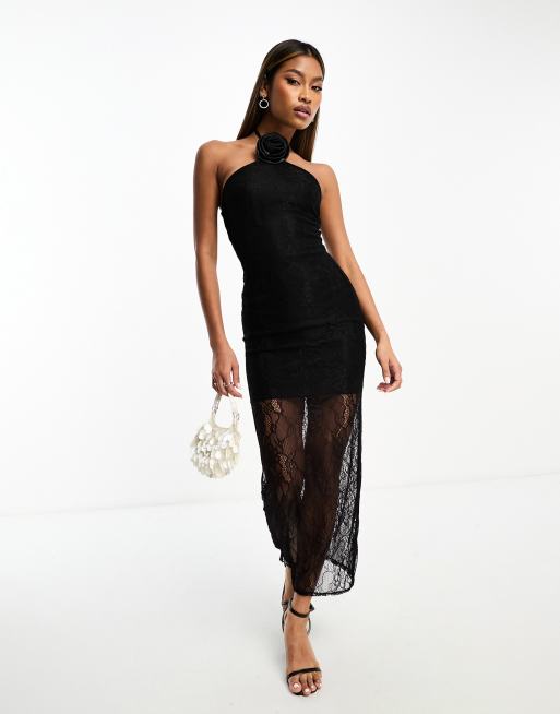 Public Desire - Midi jurk van kant met halternek en corsage in zwart