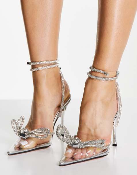 Public Desire Midnight heeled shoes with diamante bow detail in silver - view 1