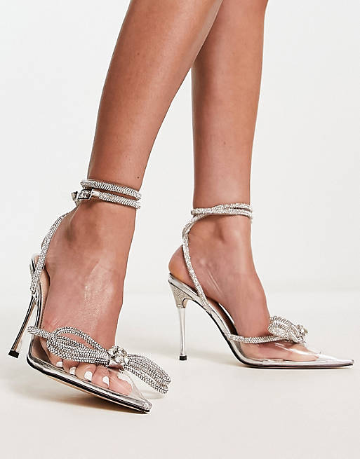 Public Desire Midnight heeled shoes with diamante bow detail in silver