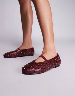 Mina studded ballet flats in burgundy-Red