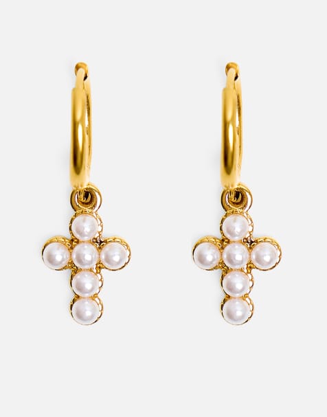 Public Desire Mini hoop drop cross detail earrings in gold - view 1