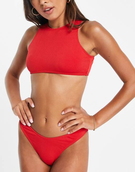 Public Desire - Mix and Match - Ribstrikkede bikinitrusser med høj benskæring i rød, 3 af 4