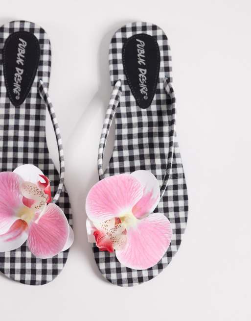 Public Desire Moko flipflops with 3D flower in black gingham, 2 of 4