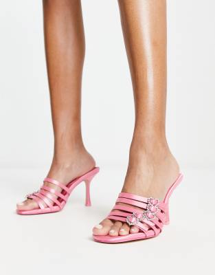 Public Desire Monika multi strap mules in pink satin - ASOS Price Checker