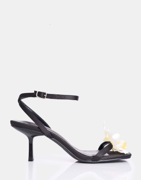 Public Desire Nara satin orchid flower square toe stiletto mid heels in black - view 1