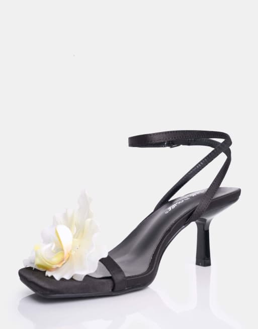Public Desire Nara satin orchid flower square toe stiletto mid heels in black, 2 of 4