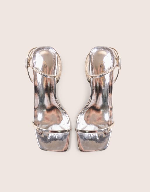 Public Desire Natalya barely there square toe stiletto mid heels in silver, 2 of 4