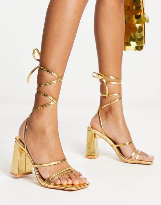 Gold tie up block heels sale