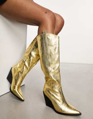 Public Desire Navada Western Knee Boots In Gold