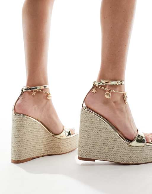 Public Desire Naya wedge espadrille with anklet charms in gold, 4 of 4