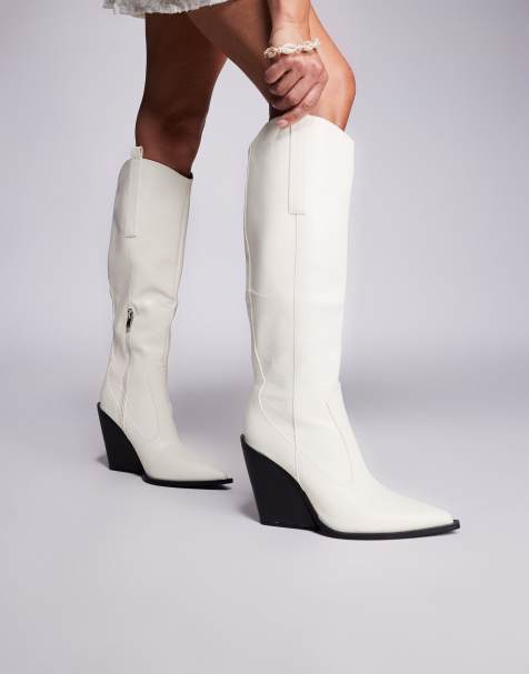 Public Desire Nevada western cowboy pointed toe block heel knee high boots in ecru - view 1