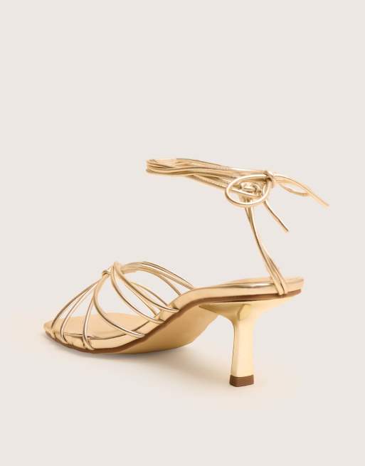 Public Desire Nora gold pu lace up strappy mid heels in gold, 3 of 4
