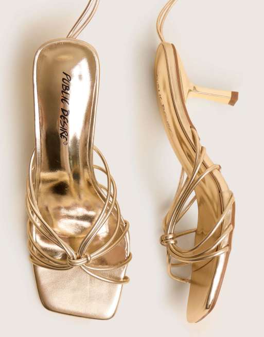 Public Desire Nora gold pu lace up strappy mid heels in gold, 4 of 4