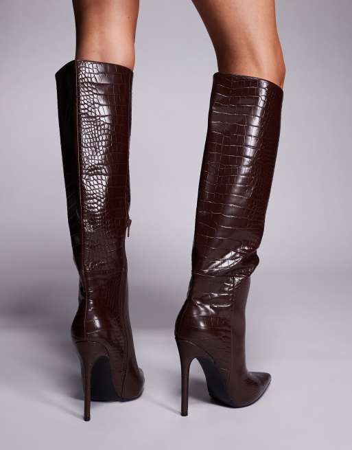 Public Desire Nova pointed toe high heeled knee boots in chocolate brown