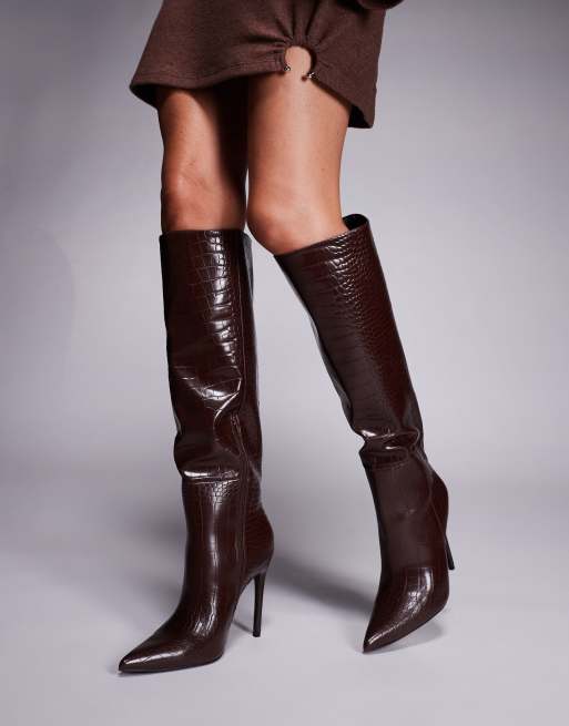 Public Desire Nova pointed toe high heeled knee boots in chocolate brown