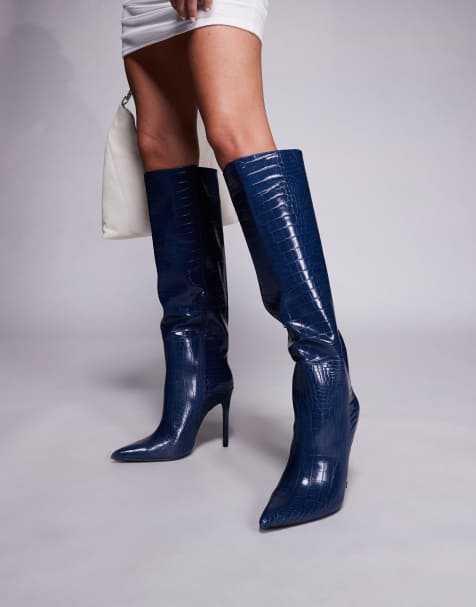 Public Desire Nova pointed toe high heeled knee boots in navy - view 1