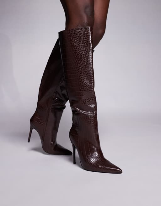 Public Desire Nova Wide Fit pointed toe high heeled knee boots in chocolate brown