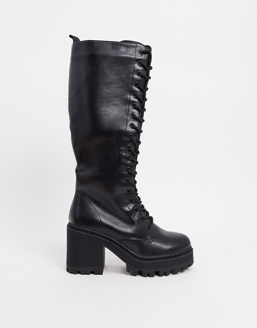 Public Desire Obey lace up knee boots in black